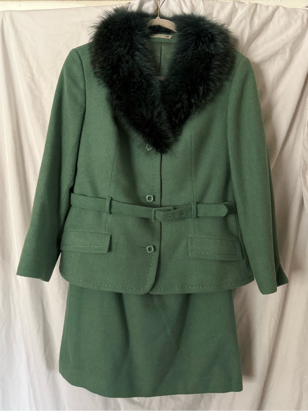 Vintage 1970s Canda Couture Pure Wool Belted Skirt Suit with Fur Collar